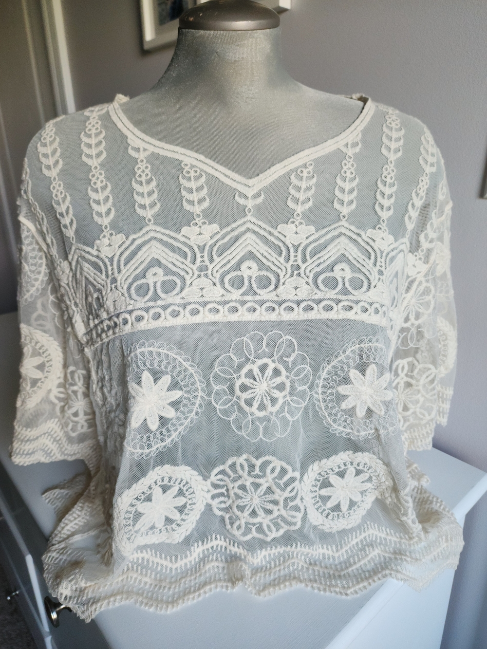 NWOT Rachel Zoe White Lace Top OS Boho Scalloped Crochet Summer Blouse